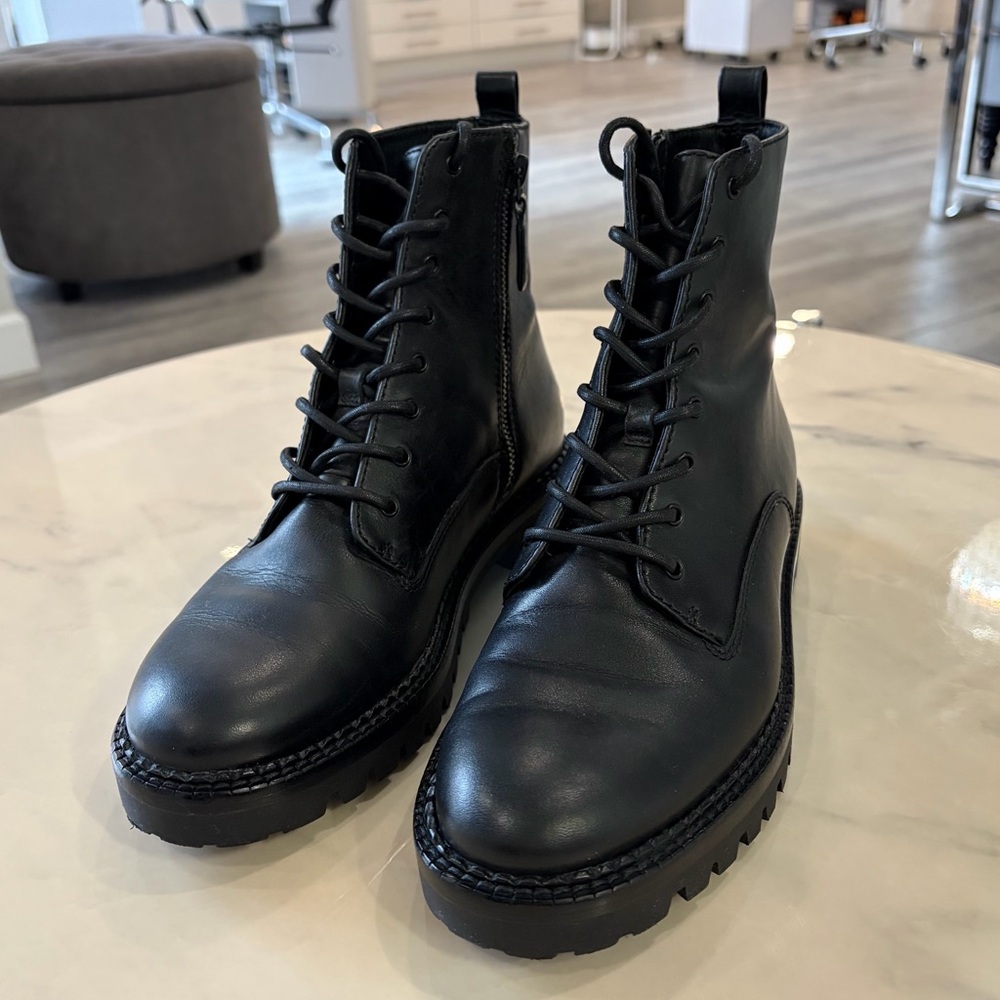 Vince Black Leather Lug Sole Combat Boots.
Women’s Size 8